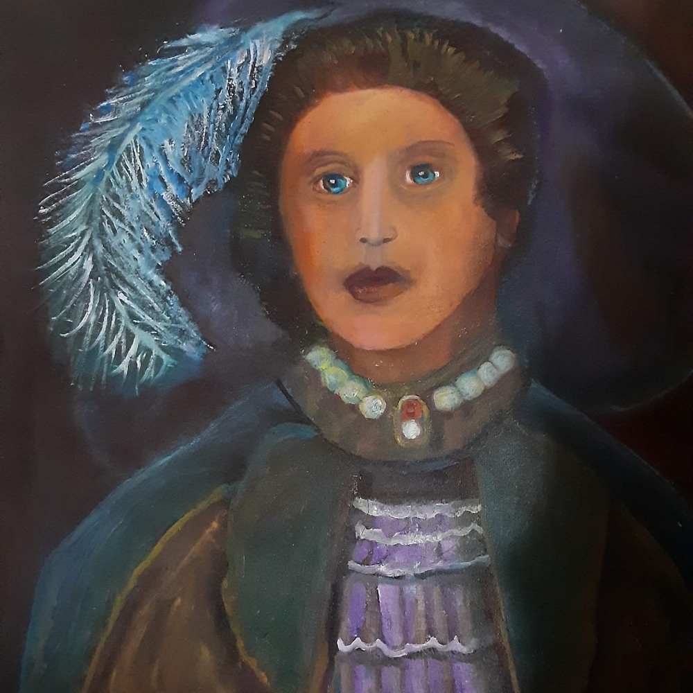 Original oil painting Hat With Blue Feather.